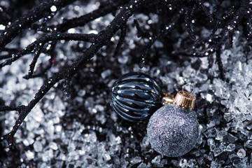 christmas festive stylish black decoration on black glitter background with copy space. xmas black festive banner
