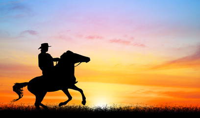 Obraz na płótnie Canvas silhouette cowboy and horse on blurry colorful sunset sky.