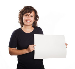 Smiling young woman show white big board for advertising sign. isolated portrait.