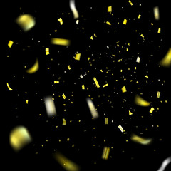 Gold confetti explosion celebration isolated on black background. Falling golden confetti. Abstract decoration for party birthday. Celebrate Christmas, New Year confetti Vector illustration