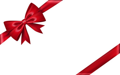 Gift bow ribbon silk. Red bow tie isolated on white background. 3D gift bow tie for Christmas present, holiday decoration, birthday celebration. Decorative satin ribbon element Vector illustration