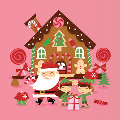 Obraz na płótnie Canvas Retro Santa Claus And Elves Gingerbread House