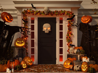 Fototapeta premium halloween decorated house with pumpkins and skulls. 3d rendering