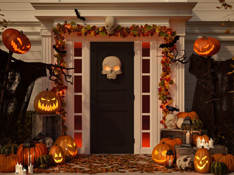 halloween decorated house with pumpkins and skulls. 3d rendering