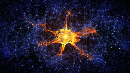 Abstract microscopic view of glowing 3D wireframe neurones within the brain