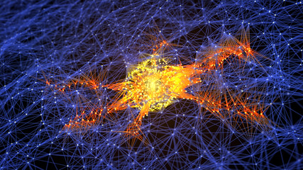 Abstract microscopic view of glowing 3D wireframe neurones within the brain