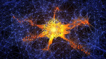 Abstract microscopic view of glowing 3D wireframe neurones within the brain