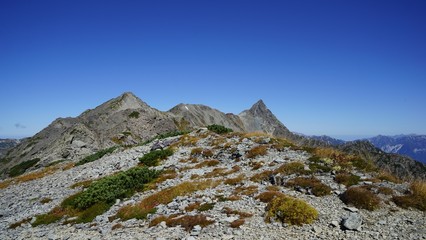 槍ヶ岳登山、天狗原分岐付近から中岳、大喰岳、槍ヶ岳を見る
