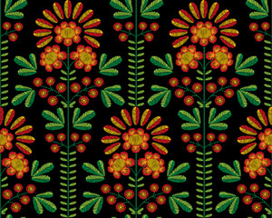 Vector seamless decorative floral embroidery pattern, ornament for textile decor. Ethnic handmade style background design.