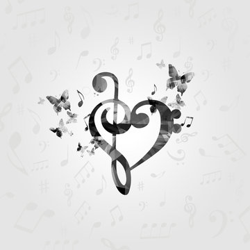 Black and white G-clef heart with music notes. Music poster with music notes. Music elements design for card, poster, invitation. Music background vector illustration