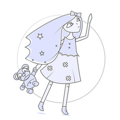 Glamorous girl with a teddy bear in hand. Modern illustration for books and magazines. Stretches towards the sky.