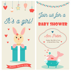 Baby shower double invitation card with cute bunny and whale