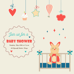 Baby shower invitation card with little rabbit in a baby cot
