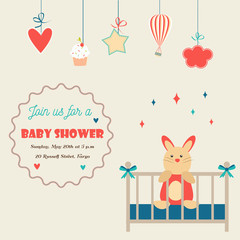 Obraz premium Baby shower invitation card with little rabbit in a baby cot