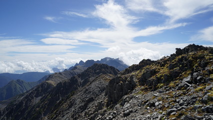 北アルプス登山、大喰岳の下から穂高連峰を見る