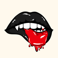 Vampire biting lips with blood on lower black lip. Halloween vector illustration