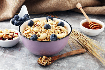 Oat flakes with milk, honey, blueberries, raspberries and nuts.