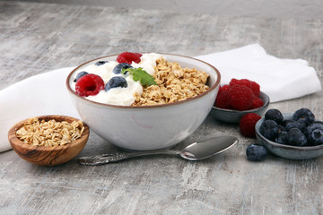 Bowl of homemade granola with yogurt and fresh berries