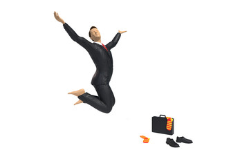 barefoot toy miniature businessman figurine is jumping for joy and happiness, with colourful socks, shoes and briefcase, concept isolated on white background 
