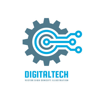 Digital tech - vector business logo template concept illustration. Gear electronic factory sign. Cog wheel technology symbol. SEO emblem. Design element.