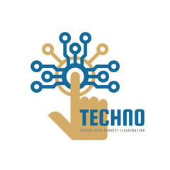Techno - vector logo template concept illustration. Human hand touch computer electronic chip. Modern technology design element. 