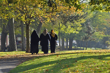 drei moslemfrauen gehen  in herbstlicher landschaft 