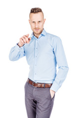 businessman  looking and pointing finger  gesture . happiness, gesture, emotions and people concept. Image on white  studio background.