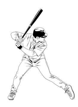 baseball player with a bat in the pose drawn with ink hand sketch with no background