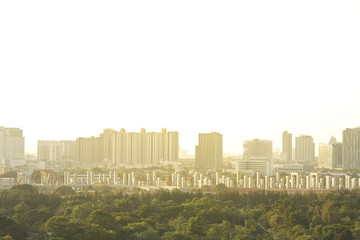 city view with sunset and public park