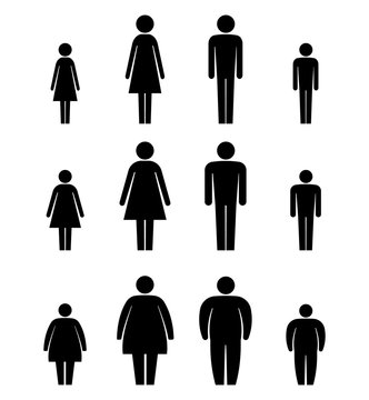 Man, woman and children Body Figure Size Icon. Stick Figures. isolated on white background. Vector illustration.