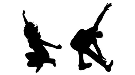 Vector silhouette of people who jump on white background.