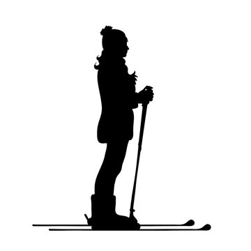 recommend clip art: Vector silhouette of woman on ski on white backgorund.