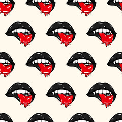 Seamless pattern of vampire biting lips with blood on lower black lip. Halloween vector illustration