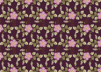 Burgundy background from embroidered flowers, pink purple roses, buds and branch with dark silver leaves