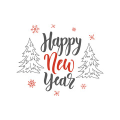 Happy New Year handwriting script lettering. Marry Christmas greeting card. Modern brush lettering. Vector emblem, text design