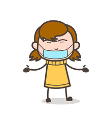 Medical Safety Mask on Face - Cute Cartoon Girl Illustration