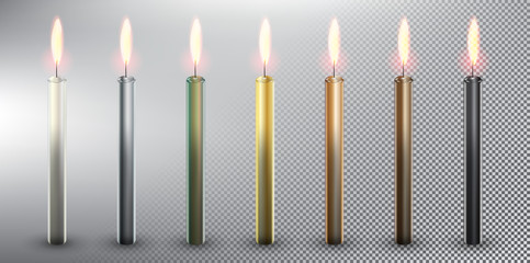 Set of 7 vector candles. Birthday cake candles. Realistic and isolated with transparent burning flame and shadow on the white background. Vector illustration. Eps10.