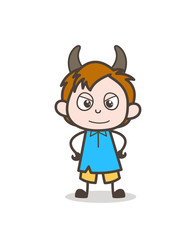 Happy Small Boy with Horns - Cute Cartoon Kid Vector