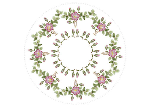 Oval frame of beads with embroidered wreath of pink roses,buds with branches and green leaves on white background 

