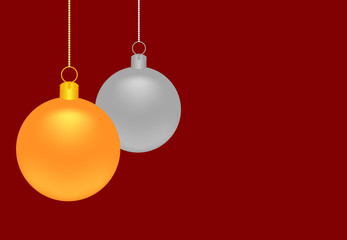 Gold and silver Christmas balls on a dark red background with copy space for text.