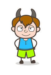 Devil Smiling Kid Face with Horns - Cute Cartoon Boy Illustration