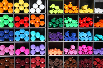 Automatic ballpoint pen. School supplies, stationery accessories. Colorful stationery. Stationery store. Goods for office and study.