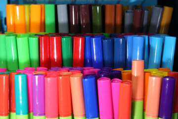 Automatic ballpoint pen. School supplies, stationery accessories. Colorful stationery. Stationery store. Goods for office and study.