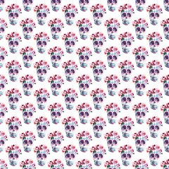 Beautiful lovely graphic artistic abstract bright cute halloween stylish floral skull with roses wreath watercolor hand sketch. Perfect for textile, wallpapers, wrapping paper, cards, invitations