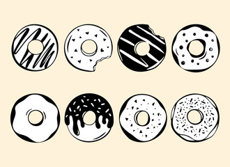 Set of 8 hand drawn black and white donuts. Illustration Donut for your design.