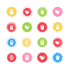 Set of colorful modern vector flat icons of gift boxes in different circles. Isolated on white background. Flat design present illustration.