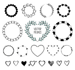 Vector hand drawn collection of graphic elements: frames, hearts, arrows, borders isolated on the white background 