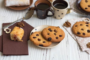 Tasty cookies with chocolate and coffee