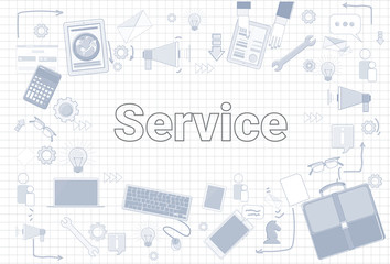 Services Word With Office Stuff Icons On Squared Background Customer Help Satisfaction Concept Vector Illustration