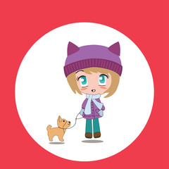  Beautiful cartoon chibi girl with pet.